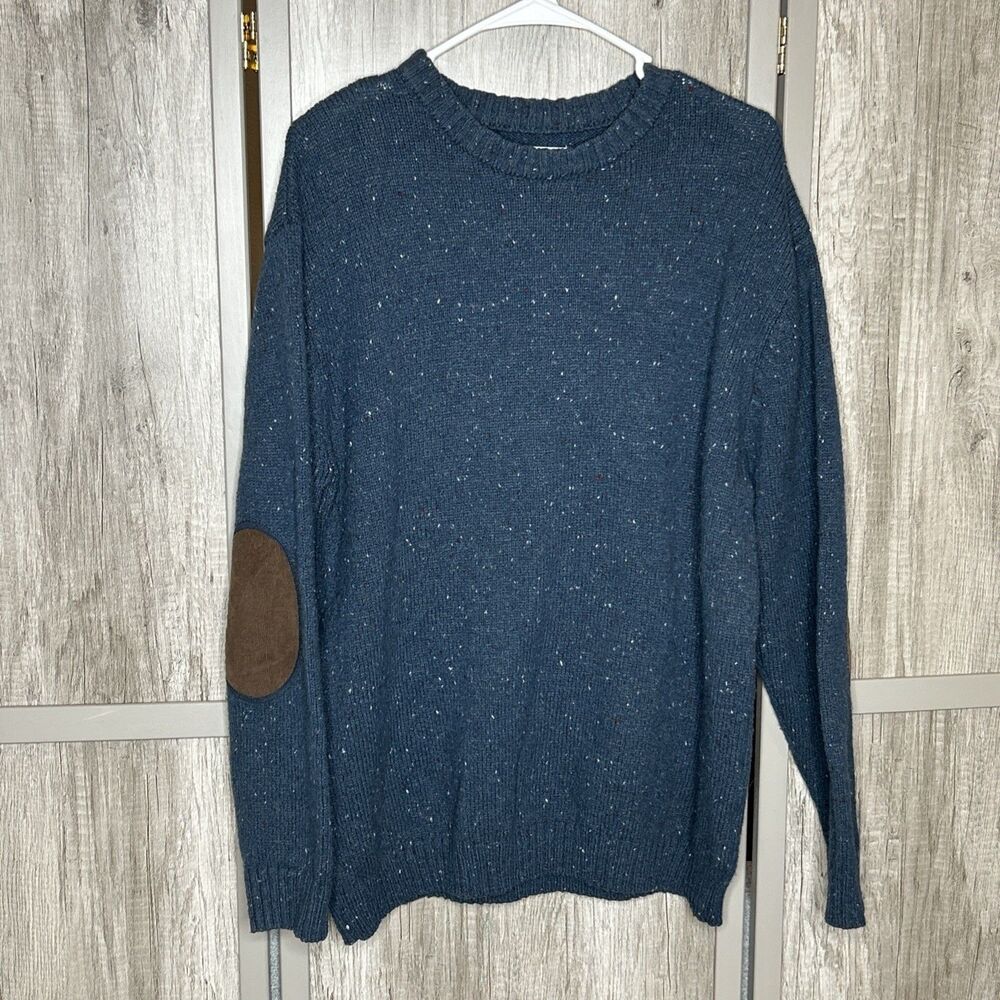 Line of Trade Sweater XL Wool Blend Fisherman Speckled Elbow Patch Blue EUC